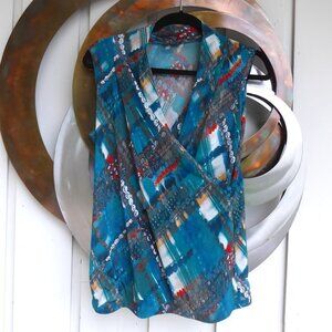 SophisticatedTeal multi-coloured patterned v-neck stretch Jersey blouse, Size Lg